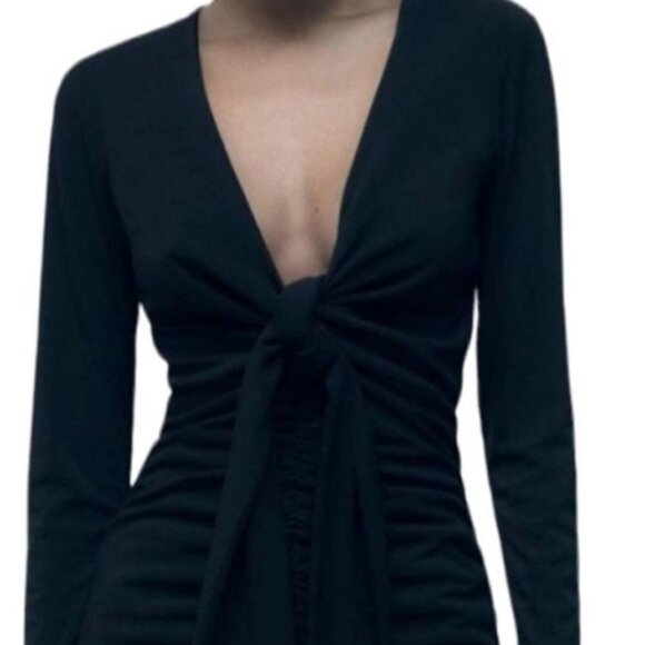 Zara Black Front Tie V-neck Long Sleeve Dress Front Ruching Fully Lined Medium - Picture 1 of 15